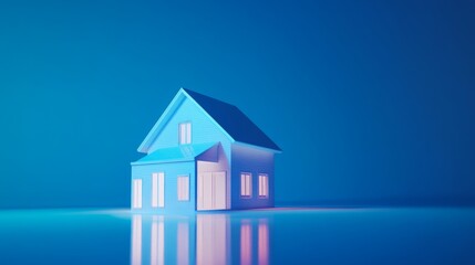 A smart house hologram on a blue background symbolizes AI and virtual assistant technology.