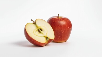 An apple in an aesthetic studio style photo, one cut open showing the inside, fruit, healthy, wallpaper, poster.