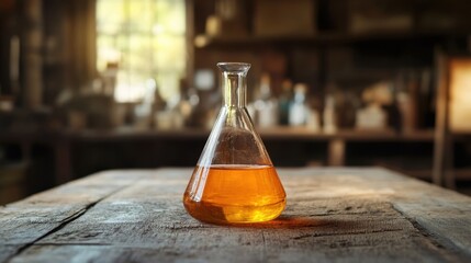 Golden Liquid in Erlenmeyer Flask on Wooden Table