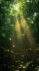 Fototapeta premium Captivating abstract background of sun rays breaking through a forest canopy with glowing green and gold hues