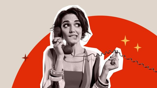 Creative motion trend collage video of girl dispatcher bite lips oops hold wire retro handset communication blah