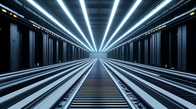 A futuristic tunnel illuminated by bright lights, showcasing parallel tracks receding into the distance, creating a sense of depth and perspective.