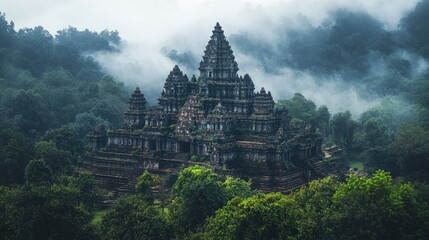 A mystical wide-angle view of an ancient temple surrounded by lush green forest and veiled in mist for a travel adventure feel