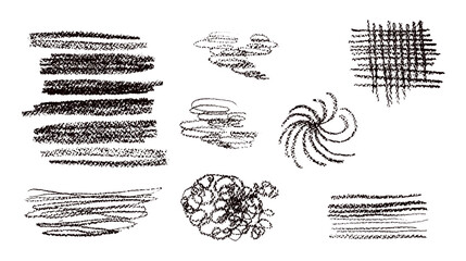 Set of pencil and chalk strokes. Curved and straight lines, cage, spiral. Hand drawn elements for design. Vector illustration. Children's handwriting.