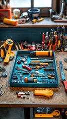 Organized toolkit on a workbench, ideal for precision work.