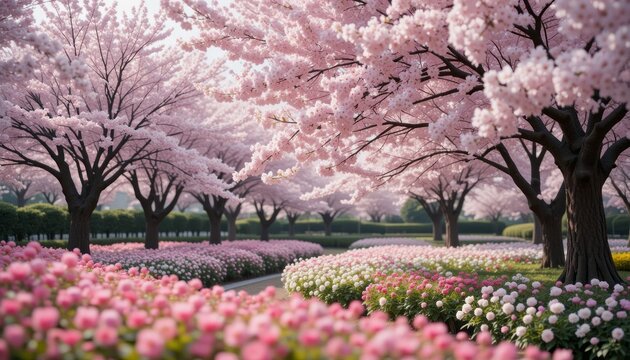 Pink cherry blossom tree in full bloom with delicate branches and petals in a seasonal illustration, on white background