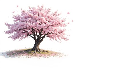 Obraz premium Pink cherry blossom tree in full bloom with delicate branches and petals in a seasonal nature illustration, on white background