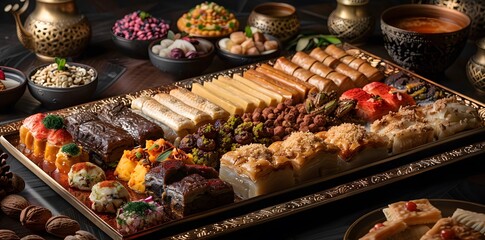Fototapeta premium Festive Eid dessert selection with traditional sweets beautifully served on a decorative plate