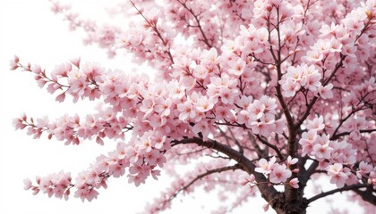 Pink cherry blossom tree in full bloom with delicate branches and petals in a seasonal nature illustration