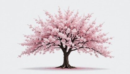 Pink cherry blossom tree in full bloom with delicate branches and petals in a seasonal nature illustration, on white background