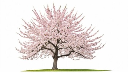 Obraz premium Pink cherry blossom tree in full bloom with delicate branches and petals in a seasonal illustration, on white background