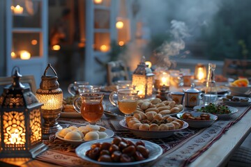 Fototapeta premium Elegant Iftar table set with traditional Middle Eastern dishes for Ramadan evening meal