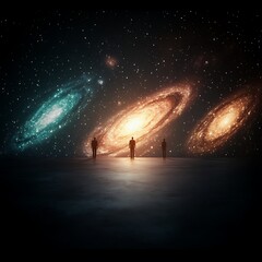 Cosmic Exploration Three Figures Facing Vast Galaxies Against the Cosmic Background With Stars
