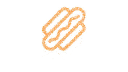 Icon hotdog is made of yellow grains of sand. Some grains of sand fall down. Transparent background. Black