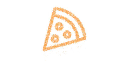 Icon pizza slice is made of yellow grains of sand. Some grains of sand fall down. Transparent background. Black