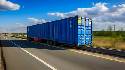 Obraz premium A single blue cargo container placed on a highway symbolizing the transportation logistics industry and the efficient movement of goods and materials across distribution networks