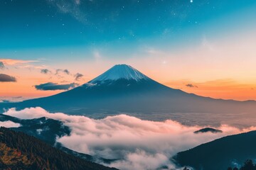 Fototapeta premium Mount Fuji rises majestically above clouds during sunrise in Japan, showcasing a breathtaking landscape