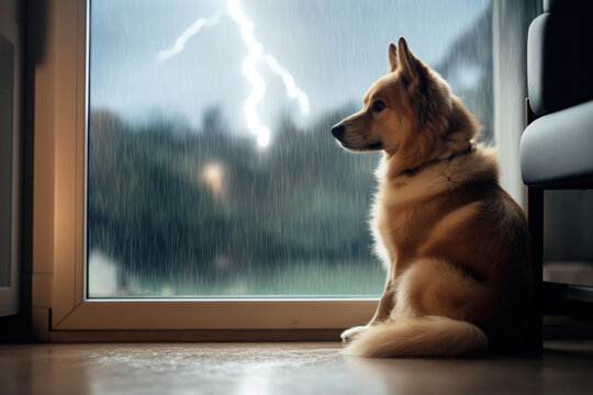 Scared dog watching lightning storm through window  . - Powered by Adobe