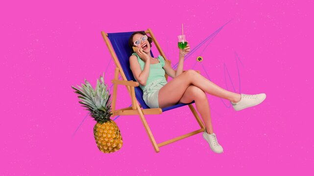 Motion trend collage video of happy girl lay speak phone bubble communication hold cocktail summer vacation pineapple