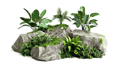 mossy rock set vector illustration, cutout green tropics gardening background, PNG file, tropical plants, nature decor, garden design, lush greenery, garden landscape © aura studio