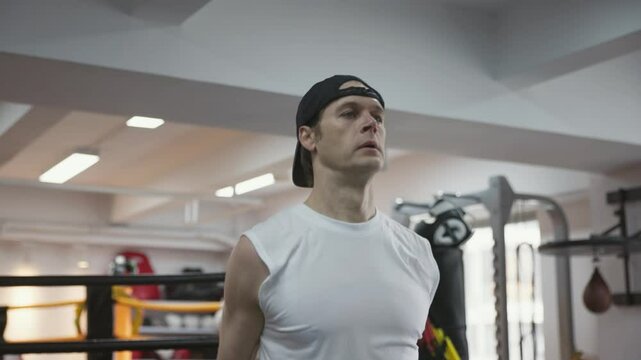 man in white t-shirt doing jumping jacks workout