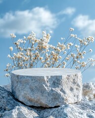 Stone Podium Display with White Flowers and Blue Sky for Product Presentation and Showcase