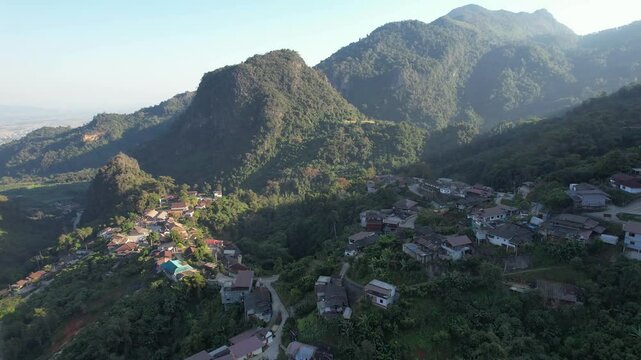 Aerial view from drone of the rural village in the mountains