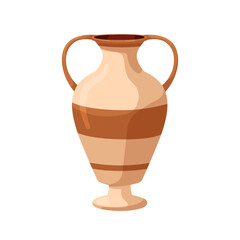 Ancient Greek amphora. Tall antique ceramic vessel with handles, for oil and wine. Old aged vintage pottery. Historical crockery, empty pot. Flat vector illustration isolated on white background