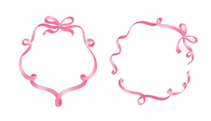 Pink ribbon frames set isolated on white background. Vector realistic illustration of silk lace swirls tied in coquette bows, elegant design elements for fancy wedding, birthday, party invitation card