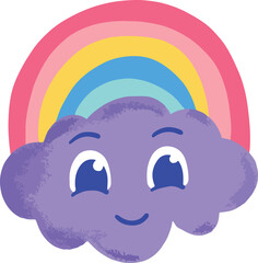 delightful vector illustration of a fluffy cloud with a happy smile and a colorful rainbow.