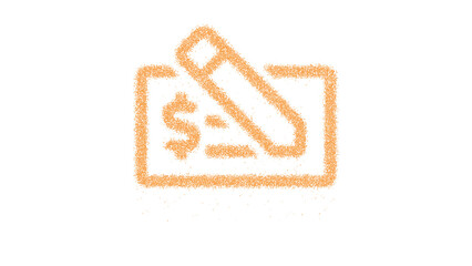 Icon money check usd is made of yellow grains of sand. Some grains of sand fall down. Transparent background. Black