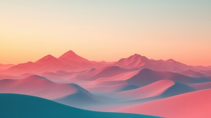 A serene landscape featuring soft pastel mountains under a gradient sky at dawn, creating a tranquil and dreamy atmosphere.