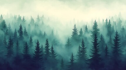 Dreamy abstract background of soft pine forest silhouettes fading into pastel gradients of green and lavender