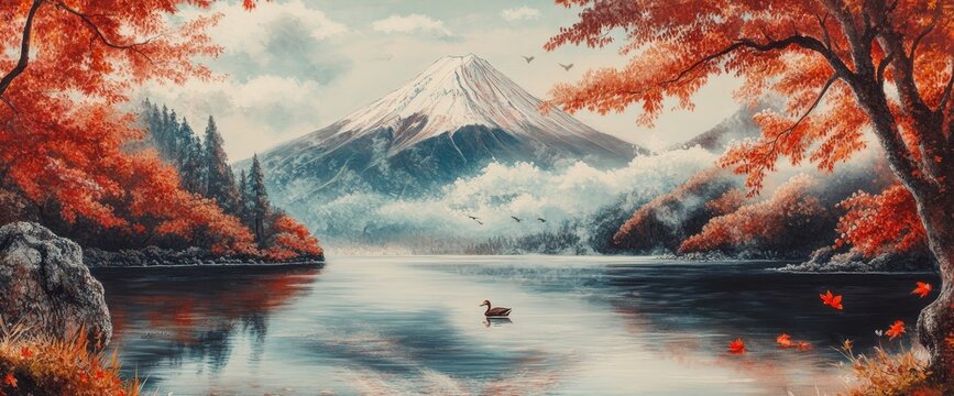 Serene autumnal landscape with mountain lake and vibrant foliage.