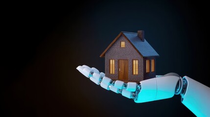 A white robotic hand holds a small house against a dark background, symbolizing AI Agents, AI Assistant, and AI driven real estate technology