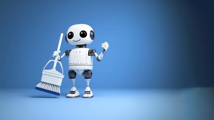 A cute robot holds an oversized cleaning brush and bucket, representing AI Agents, AI Assistant, and AI powered home automation