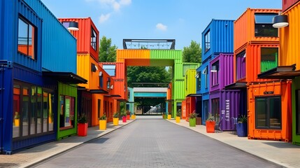 Obraz premium Rows of repurposed shipping containers converted into a modern innovative and sustainable shopping mall concept showcasing a creative urban design and commercial development idea