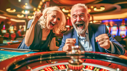 Excited senior couple celebrating big win at casino roulette table. Concept of luck, gambling, and thrilling entertainment. Perfect for gaming promotions, casino advertising, and lifestyle themes