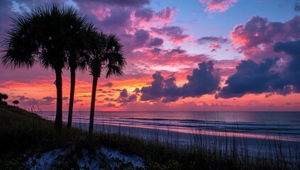 Silhouetted palm trees on a beach at sunrise with a vibrant colorful sky.