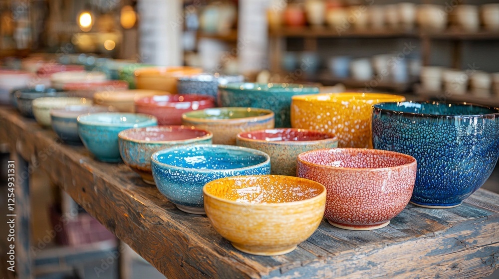 Poster a vibrant array of handcrafted ceramic bowls lines a rustic wooden shelf in a cozy artisan shop