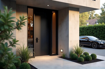 Modern Black Glass Door Entrance with Concrete Structure and Small Garden in a Luxury Home, Featuring a Warm Tone and a Parked Luxury Car in the Background