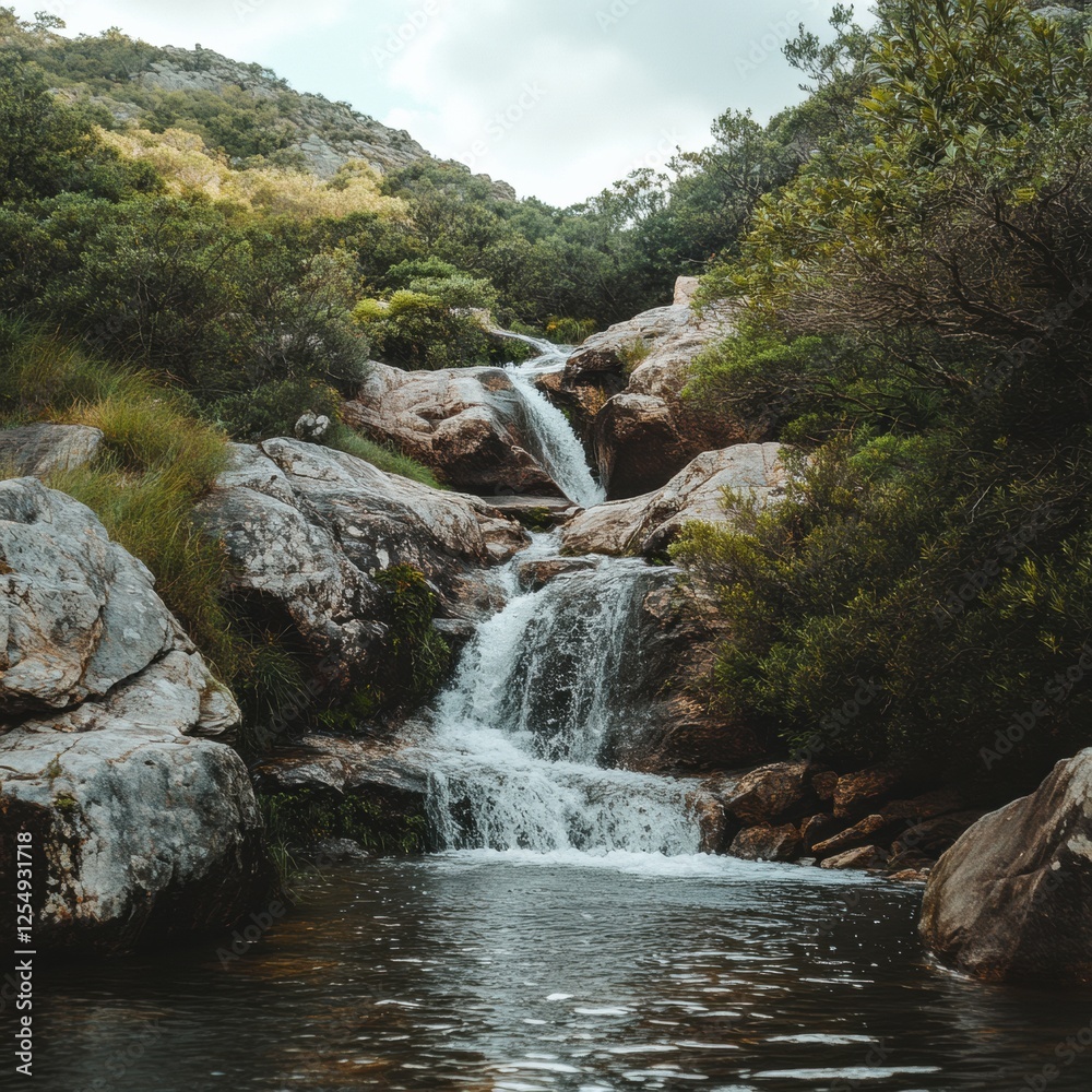 Poster Serene waterfall cascading through rocky terrain in a lush forest during the afternoon. Generative AI