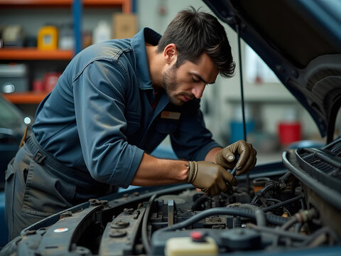 auto mechanic changing car engine
