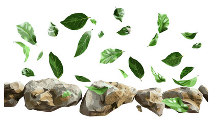 Fototapeta premium Vector illustration lush eco leafs falling down on rocks isolate, green foliage, natural environment, botanical background, abstract nature, decorative leaves, seasonal concept,
