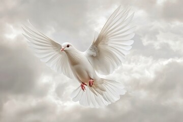 Fototapeta premium White dove gracefully soaring through a cloudy sky, symbolizing peace and hope amidst nature's beauty