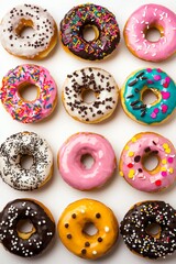 A tempting assortment of freshly baked donuts arranged beautifully, featuring vibrant icing and playful sprinkles, ideal for desserts or gatherings at a lively bakery