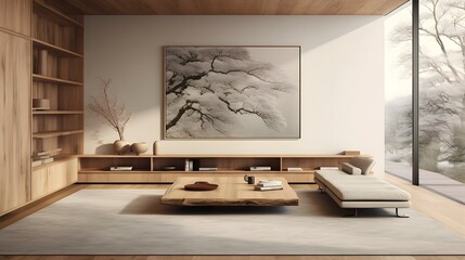 Minimalistic Japanese Inspired Living Space with Warm Wooden Textures and Soft Calming Ambiance  Cozy and Comfortable Interior Design with Natural Materials and Elements of Simplicity