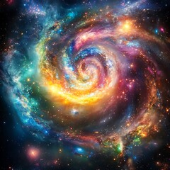 Cosmic Swirl Galaxy Art in Deep Space with Intense Vibrant Rainbow Colors and Celestial Spheres