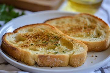 Savory garlic bread slices with crispy edges served on a neutral plate with herbs