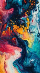 Vibrant abstract art featuring swirling blue, red, yellow, and white colors in dynamic patterns